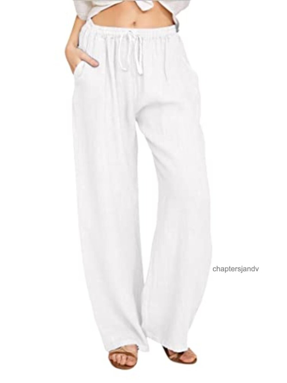 Cotton Linen Wide Leg Palazzo Pants Drawstring Waist Loose Summer Beach